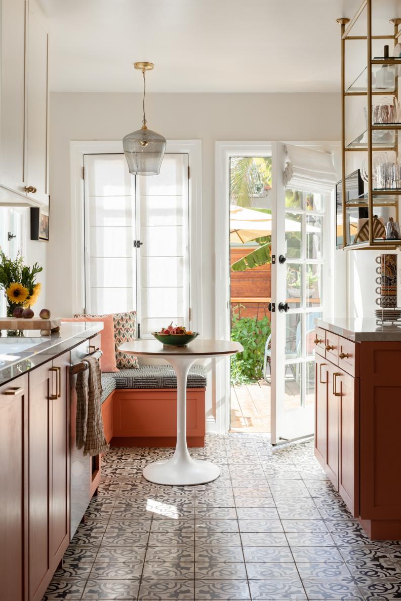 Galley Kitchen With Peach Banquette