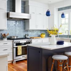 Transitional Kitchen With Blue Pendants