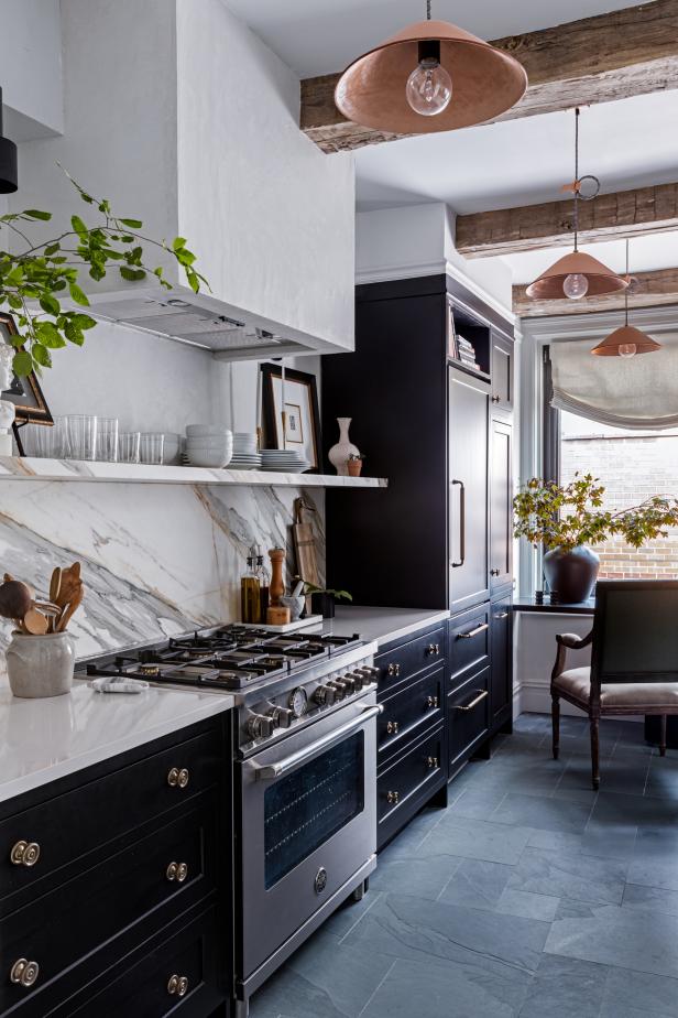 Rustic Beams, Leather Pendants in Kitchen With Marble, Slate Accents