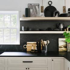 Black Eclectic Kitchen With Oak Shelves