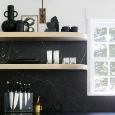 Oak Kitchen Shelves and Black Backsplash