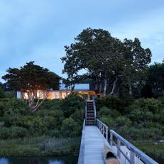 Private Dock, Kayak and Mature Trees Leading to Contemporary Beach House on Long Island Sound 