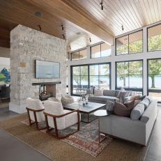 Midcentury Modern Living Room With Sloped Ceiling