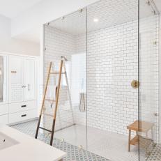 White Transitional Spa Bathroom With Wood Ladder