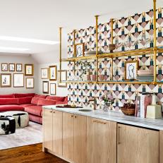 Living Room Wet Bar with Geometric Wallpaper