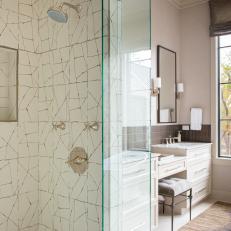 Neutral Contemporary Bath Suite With Custom Tile Shower and Traditional Double Vanity 