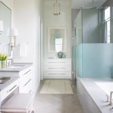 Transitional White Bathroom Suite With Frosted Glass Shower and Stone Soaking Tub 