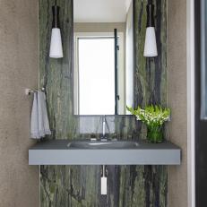 Contemporary Powder Room With Floating Sink and Dramatic Green Wallpaper 