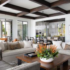 Transitional Coastal Living Room With Dining Area and Open Kitchen 
