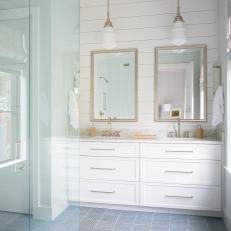 Transitional Coastal Bathroom With White Shiplap, Blue Tile and Silver Pendants 