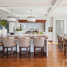 White Contemporary Kitchen and Dining Room With Coffered Ceiling 