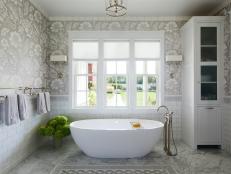 White Traditional Bathroom, Soaking Tub At Windows, Cabinet Beside