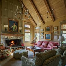 Cozy, Country Living Room With Vaulted Ceilings