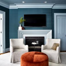 Living Room With Textured, Blue Grasscloth Wallpaper