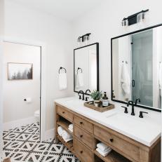 Black and White Contemporary Bathroom With Graphic Floor
