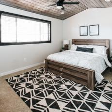 Gray Contemporary Bedroom With Wood Ceiling