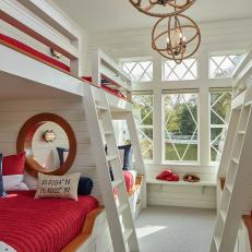 White Nautical Traditional Bunk Room With Rope Chandeliers 