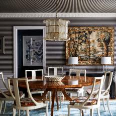 Eclectic Art Deco Dining Room With Striped Wallpaper 