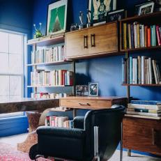 Blue Contemporary Home Office With Red Rug