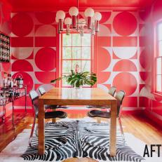Red Art Deco Dining Room With Zebra Rug