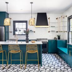 Teal and White Contemporary Kitchen With Art Deco Accents 