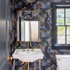 Art Deco Powder Room With Graphic Wallpaper 