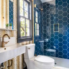 Eclectic Bathroom With Hexagonal Tile and Wallpaper 