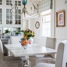 White Traditional Dining Room With Peach Roses