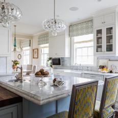 Traditional White Kitchen With Yellow Barstools