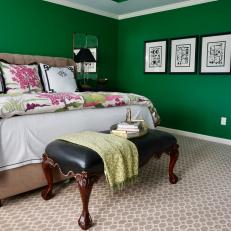Green Eclectic Bedroom With Leather Bench