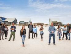 As seen on HGTV's Battle on the Beach, the entire cast of judges, mentors and design teams pose on the beach in Gulf Shores, Alabama.  With the help of HGTV all-star mentors, three team battle for $50,000 in the ultimate beach house renovation competition. (Talent)