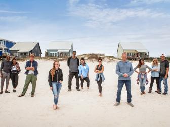 As seen on HGTV's Battle on the Beach, the entire cast of judges, mentors and design teams pose on the beach in Gulf Shores, Alabama.  With the help of HGTV all-star mentors, three team battle for $50,000 in the ultimate beach house renovation competition. (Talent)