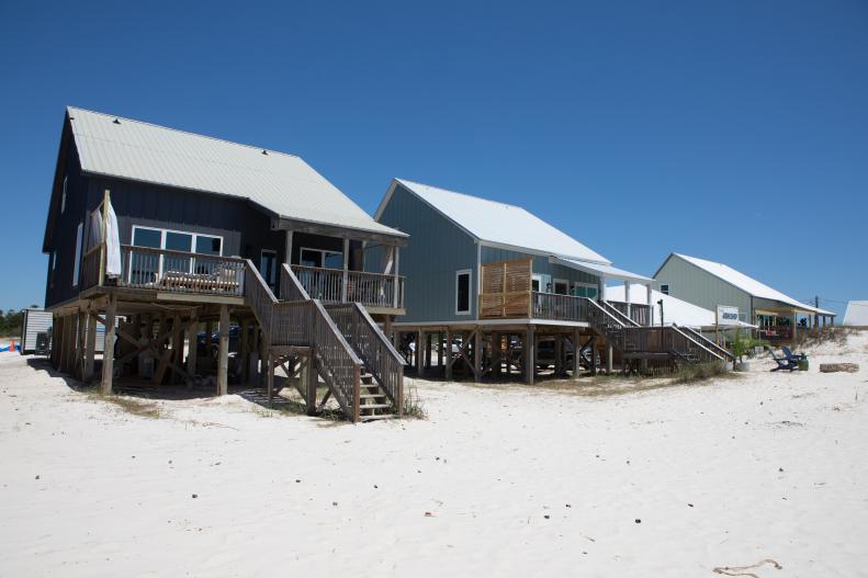 As seen on HGTV's Battle on the Beach, exteriors of the three renovated beach house in Gulf Shores, Alabama.  (Afters)