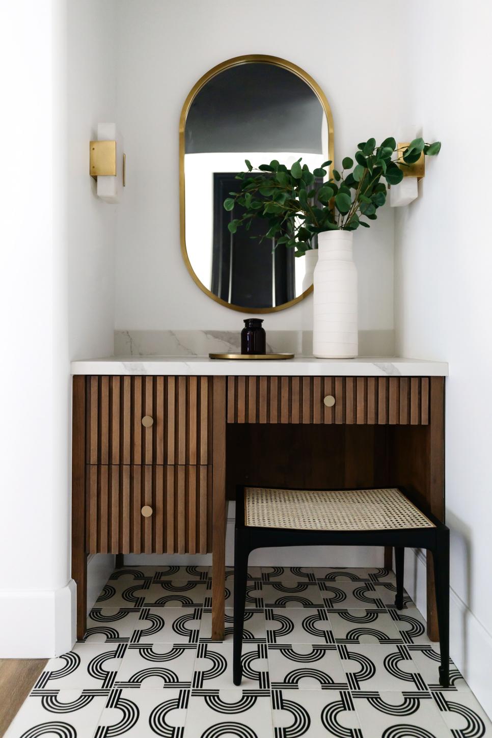 Contemporary Vanity Nook With Stained Alder and Gold Mirror HGTV