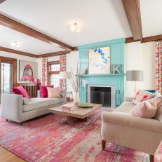 Multicolored Craftsman Living Room With Blue Fireplace