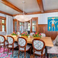Craftsman Dining Room With Blue Art