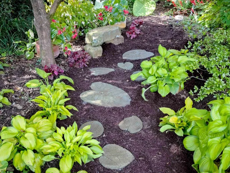 Leaf step stones in garden.