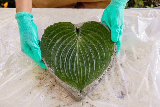 Use your hands to mold edges to shape of the leaf. Press down often to remove air bubbles and press mixture into ribbed leaf pattern.
