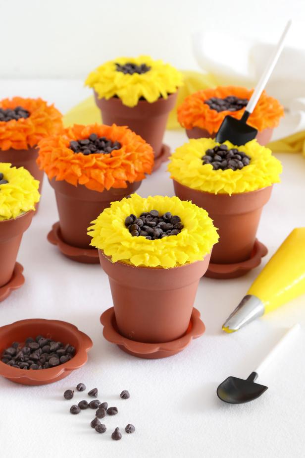 Yellow and Orange Sunflower Cupcakes in Food-Safe Flower Pots