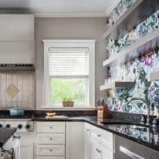 Gray Chef Kitchen With Floral Accent Wall