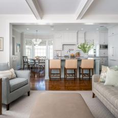 Transitional Living Room and Open Plan Kitchen With Beige Stools