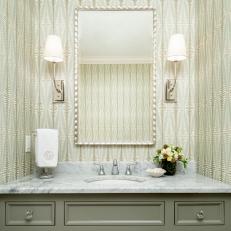Green Cottage Powder Room With Graphic Wallpaper