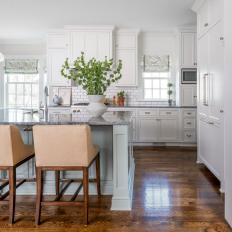 Transitional Open Plan Kitchen With Peach Barstools