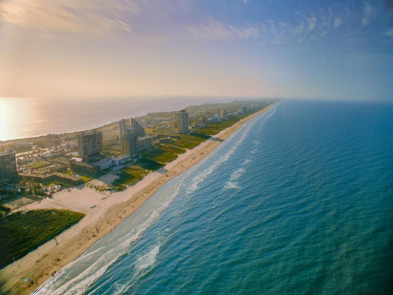 An aerial view of the beaches along South Padre Island in Texas