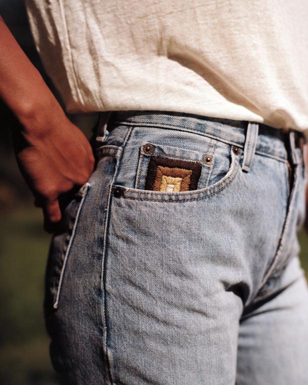 Fifth Pocket of Jeans Embroidered In Square Shape With Neutral Thread