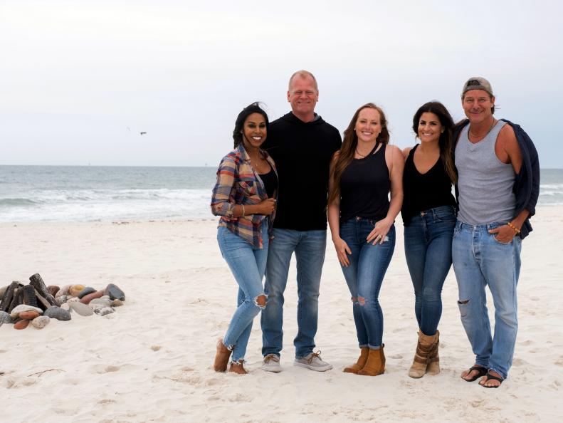 As seen on HGTV's Battle on the Beach,  HGTV hosts Taniya Nayak, Mike Holmes, Mina Starsiak Hawk, Alison Victoria and Ty Pennington on the beach in Gulf Shores, Alabama. (Talent)