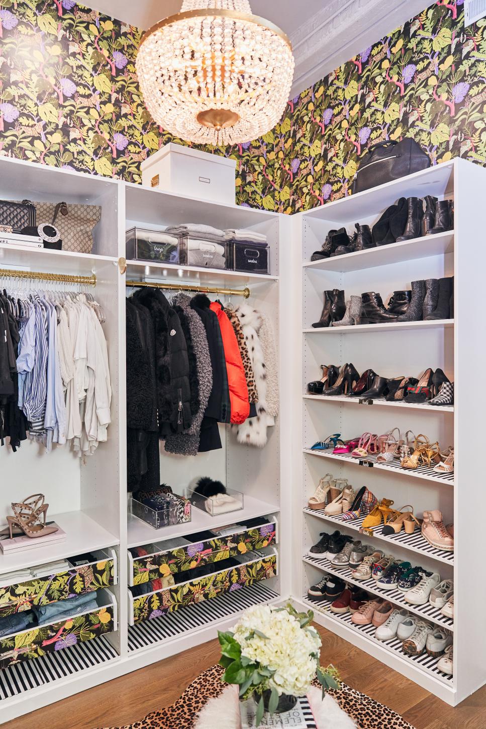 Eclectic Walk In Closet With Jungle Wallpaper | HGTV