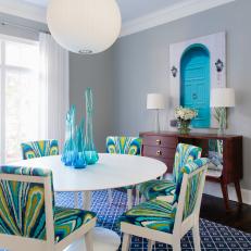 Gray Midcentury Modern Dining Room With Blue Vases