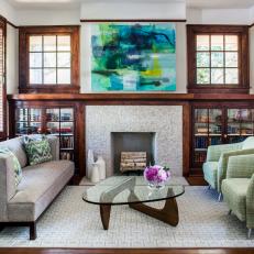 Craftsman Living Room With Blue Art