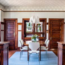 Craftsman Dining Room With Geometric Ceiling